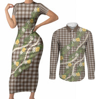 Aloha Puakenikeni Anthurium Pikake Lei Couples Matching Short Sleeve Bodycon Dress and Long Sleeve Button Shirt Chocolate Hawaiian Palaka Pattern LT9 Chocolate - Polynesian Pride