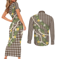 Aloha Puakenikeni Anthurium Pikake Lei Couples Matching Short Sleeve Bodycon Dress and Long Sleeve Button Shirt Chocolate Hawaiian Palaka Pattern LT9 - Polynesian Pride