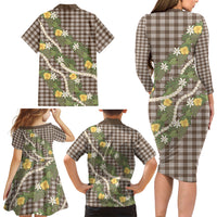 Aloha Puakenikeni Anthurium Pikake Lei Family Matching Long Sleeve Bodycon Dress and Hawaiian Shirt Chocolate Hawaiian Palaka Pattern LT9 Mom's Dress Chocolate - Polynesian Pride