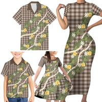 Aloha Puakenikeni Anthurium Pikake Lei Family Matching Short Sleeve Bodycon Dress and Hawaiian Shirt Chocolate Hawaiian Palaka Pattern LT9 - Polynesian Pride