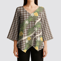 Aloha Puakenikeni Anthurium Pikake Lei Kimono Sleeve Blouse Chocolate Hawaiian Palaka Pattern