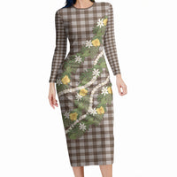 Aloha Puakenikeni Anthurium Pikake Lei Long Sleeve Bodycon Dress Chocolate Hawaiian Palaka Pattern LT9 Long Dress Chocolate - Polynesian Pride
