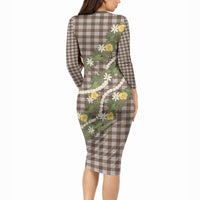 Aloha Puakenikeni Anthurium Pikake Lei Long Sleeve Bodycon Dress Chocolate Hawaiian Palaka Pattern LT9 - Polynesian Pride