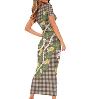 Aloha Puakenikeni Anthurium Pikake Lei Short Sleeve Bodycon Dress Chocolate Hawaiian Palaka Pattern
