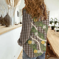 Aloha Puakenikeni Anthurium Pikake Lei Women Casual Shirt Chocolate Hawaiian Palaka Pattern