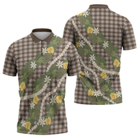 Aloha Puakenikeni Anthurium Pikake Lei Zipper Polo Shirt Chocolate Hawaiian Palaka Pattern LT9 - Polynesian Pride