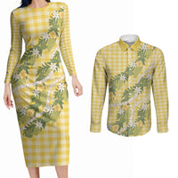Aloha Puakenikeni Anthurium Pikake Lei Couples Matching Long Sleeve Bodycon Dress and Long Sleeve Button Shirt Gold Hawaiian Palaka Pattern LT9 Gold - Polynesian Pride