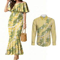 Aloha Puakenikeni Anthurium Pikake Lei Couples Matching Mermaid Dress and Long Sleeve Button Shirt Gold Hawaiian Palaka Pattern LT9 Gold - Polynesian Pride