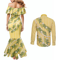Aloha Puakenikeni Anthurium Pikake Lei Couples Matching Mermaid Dress and Long Sleeve Button Shirt Gold Hawaiian Palaka Pattern LT9 - Polynesian Pride