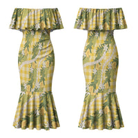 Aloha Puakenikeni Anthurium Pikake Lei Couples Matching Mermaid Dress and Long Sleeve Button Shirt Gold Hawaiian Palaka Pattern LT9 - Polynesian Pride