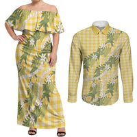 Aloha Puakenikeni Anthurium Pikake Lei Couples Matching Off Shoulder Maxi Dress and Long Sleeve Button Shirt Gold Hawaiian Palaka Pattern LT9 Gold - Polynesian Pride