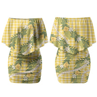 Aloha Puakenikeni Anthurium Pikake Lei Couples Matching Off Shoulder Short Dress and Hawaiian Shirt Gold Hawaiian Palaka Pattern LT9 - Polynesian Pride