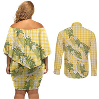 Aloha Puakenikeni Anthurium Pikake Lei Couples Matching Off Shoulder Short Dress and Long Sleeve Button Shirt Gold Hawaiian Palaka Pattern