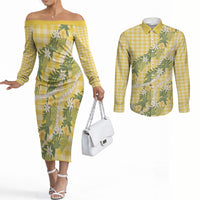 Aloha Puakenikeni Anthurium Pikake Lei Couples Matching Off The Shoulder Long Sleeve Dress and Long Sleeve Button Shirt Gold Hawaiian Palaka Pattern LT9 Gold - Polynesian Pride
