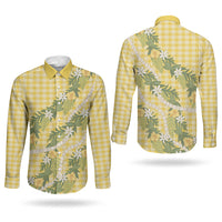 Aloha Puakenikeni Anthurium Pikake Lei Couples Matching Off The Shoulder Long Sleeve Dress and Long Sleeve Button Shirt Gold Hawaiian Palaka Pattern LT9 - Polynesian Pride