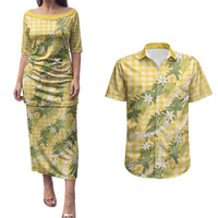 Aloha Puakenikeni Anthurium Pikake Lei Couples Matching Puletasi and Hawaiian Shirt Gold Hawaiian Palaka Pattern LT9 Gold - Polynesian Pride