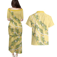 Aloha Puakenikeni Anthurium Pikake Lei Couples Matching Puletasi and Hawaiian Shirt Gold Hawaiian Palaka Pattern LT9 - Polynesian Pride