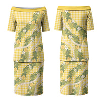 Aloha Puakenikeni Anthurium Pikake Lei Couples Matching Puletasi and Hawaiian Shirt Gold Hawaiian Palaka Pattern LT9 - Polynesian Pride