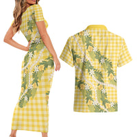 Aloha Puakenikeni Anthurium Pikake Lei Couples Matching Short Sleeve Bodycon Dress and Hawaiian Shirt Gold Hawaiian Palaka Pattern LT9 - Polynesian Pride