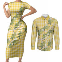 Aloha Puakenikeni Anthurium Pikake Lei Couples Matching Short Sleeve Bodycon Dress and Long Sleeve Button Shirt Gold Hawaiian Palaka Pattern LT9 Gold - Polynesian Pride