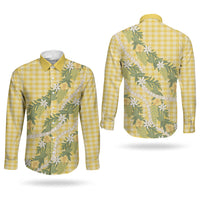 Aloha Puakenikeni Anthurium Pikake Lei Couples Matching Short Sleeve Bodycon Dress and Long Sleeve Button Shirt Gold Hawaiian Palaka Pattern LT9 - Polynesian Pride