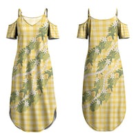 Aloha Puakenikeni Anthurium Pikake Lei Couples Matching Summer Maxi Dress and Long Sleeve Button Shirt Gold Hawaiian Palaka Pattern LT9 - Polynesian Pride