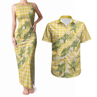 Aloha Puakenikeni Anthurium Pikake Lei Couples Matching Tank Maxi Dress and Hawaiian Shirt Gold Hawaiian Palaka Pattern LT9 Gold - Polynesian Pride
