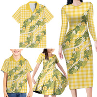Aloha Puakenikeni Anthurium Pikake Lei Family Matching Long Sleeve Bodycon Dress and Hawaiian Shirt Gold Hawaiian Palaka Pattern LT9 - Polynesian Pride