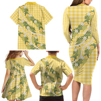 Aloha Puakenikeni Anthurium Pikake Lei Family Matching Long Sleeve Bodycon Dress and Hawaiian Shirt Gold Hawaiian Palaka Pattern LT9 - Polynesian Pride