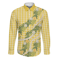 Aloha Puakenikeni Anthurium Pikake Lei Family Matching Off The Shoulder Long Sleeve Dress and Hawaiian Shirt Gold Hawaiian Palaka Pattern LT9 Daughter's Dress Gold - Polynesian Pride