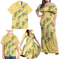 Aloha Puakenikeni Anthurium Pikake Lei Family Matching Off Shoulder Maxi Dress and Hawaiian Shirt Gold Hawaiian Palaka Pattern LT9 - Polynesian Pride
