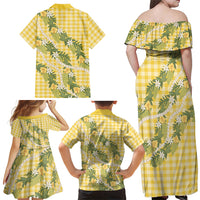 Aloha Puakenikeni Anthurium Pikake Lei Family Matching Off Shoulder Maxi Dress and Hawaiian Shirt Gold Hawaiian Palaka Pattern LT9 Mom's Dress Gold - Polynesian Pride