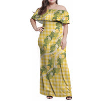 Aloha Puakenikeni Anthurium Pikake Lei Family Matching Off Shoulder Maxi Dress and Hawaiian Shirt Gold Hawaiian Palaka Pattern LT9 Mom's Dress Gold - Polynesian Pride