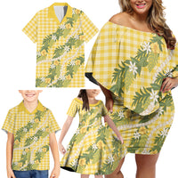 Aloha Puakenikeni Anthurium Pikake Lei Family Matching Off Shoulder Short Dress and Hawaiian Shirt Gold Hawaiian Palaka Pattern LT9 - Polynesian Pride