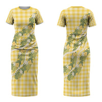 Aloha Puakenikeni Anthurium Pikake Lei Family Matching Short Sleeve Bodycon Dress and Hawaiian Shirt Gold Hawaiian Palaka Pattern LT9 Mom's Dress Gold - Polynesian Pride