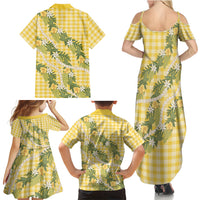Aloha Puakenikeni Anthurium Pikake Lei Family Matching Summer Maxi Dress and Hawaiian Shirt Gold Hawaiian Palaka Pattern LT9 Mom's Dress Gold - Polynesian Pride