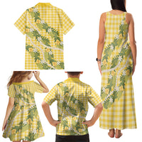 Aloha Puakenikeni Anthurium Pikake Lei Family Matching Tank Maxi Dress and Hawaiian Shirt Gold Hawaiian Palaka Pattern LT9 Mom's Dress Gold - Polynesian Pride