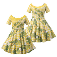 Aloha Puakenikeni Anthurium Pikake Lei Family Matching Tank Maxi Dress and Hawaiian Shirt Gold Hawaiian Palaka Pattern LT9 Daughter's Dress Gold - Polynesian Pride