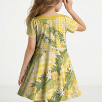 Aloha Puakenikeni Anthurium Pikake Lei Kid Short Sleeve Dress Gold Hawaiian Palaka Pattern LT9 - Polynesian Pride