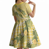 Aloha Puakenikeni Anthurium Pikake Lei Kid Short Sleeve Dress Gold Hawaiian Palaka Pattern LT9 - Polynesian Pride