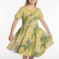 Aloha Puakenikeni Anthurium Pikake Lei Kid Short Sleeve Dress Gold Hawaiian Palaka Pattern LT9 - Polynesian Pride