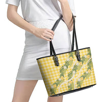 Aloha Puakenikeni Anthurium Pikake Lei Leather Tote Bag Gold Hawaiian Palaka Pattern LT9 - Polynesian Pride