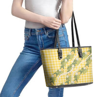 Aloha Puakenikeni Anthurium Pikake Lei Leather Tote Bag Gold Hawaiian Palaka Pattern LT9 - Polynesian Pride