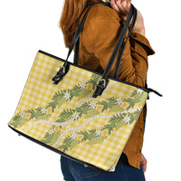 Aloha Puakenikeni Anthurium Pikake Lei Leather Tote Bag Gold Hawaiian Palaka Pattern LT9 - Polynesian Pride