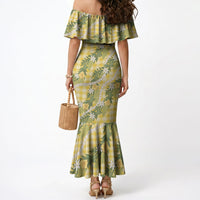 Aloha Puakenikeni Anthurium Pikake Lei Mermaid Dress Gold Hawaiian Palaka Pattern LT9 - Polynesian Pride