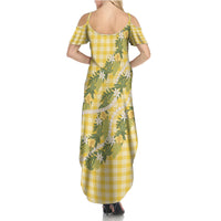 Aloha Puakenikeni Anthurium Pikake Lei Summer Maxi Dress Gold Hawaiian Palaka Pattern LT9 - Polynesian Pride