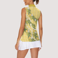 Aloha Puakenikeni Anthurium Pikake Lei Women Sleeveless Polo Shirt Gold Hawaiian Palaka Pattern