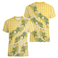 Aloha Puakenikeni Anthurium Pikake Lei Women V-Neck T-Shirt Gold Hawaiian Palaka Pattern