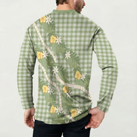 Aloha Puakenikeni Anthurium Pikake Lei Button Sweatshirt Green Hawaiian Palaka Pattern