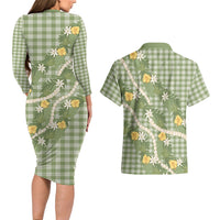 Aloha Puakenikeni Anthurium Pikake Lei Couples Matching Long Sleeve Bodycon Dress and Hawaiian Shirt Green Hawaiian Palaka Pattern LT9 - Polynesian Pride